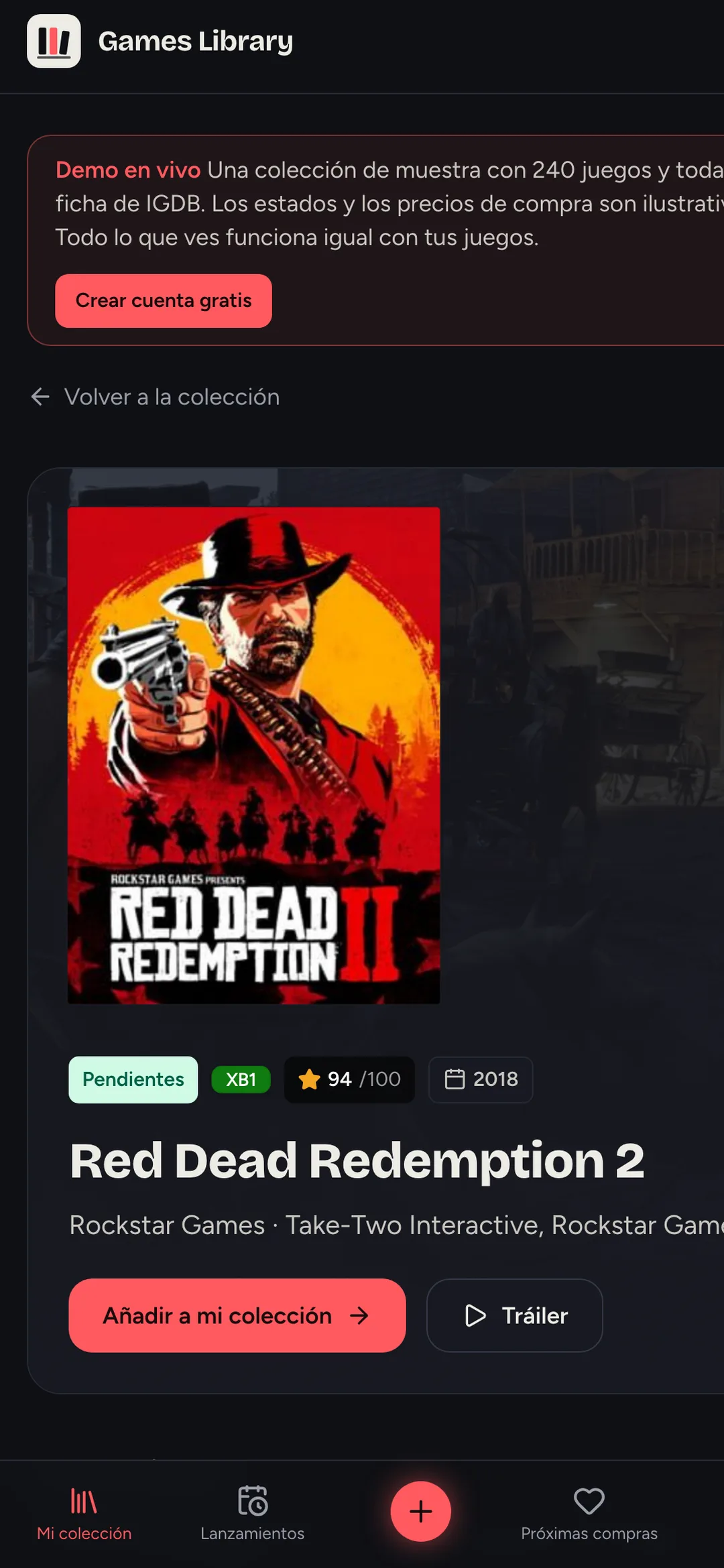 ফোনে Games Library: Red Dead Redemption 2-এর পেজ, কভার, স্কোর, মুক্তির বছর আর ট্রেলার বোতামসহ